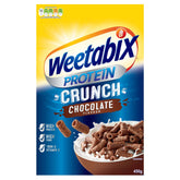 Weetabix Protein Crunch Chocolate 450g cereal box showing chocolate crunchy cereal in bowl with milk splash